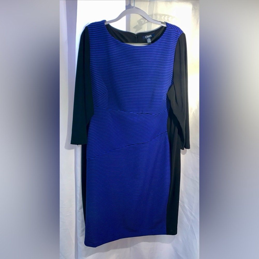 Chaps Blue and Black Textured Mini Striped Long Sleeve Dress Size 18W